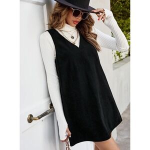 Shein Frenchy Black Corduroy Mini Dress Sleeveless Jumper V Neck Womens Size XS